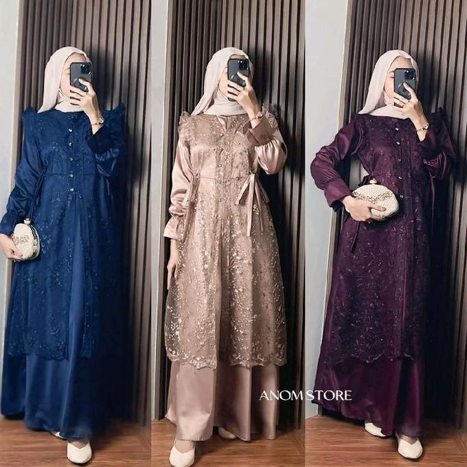 Anomstore - Jasmine Dress Satin Kombinasi Brokat Gaun Bridesmaid Gamis Kondangan Mewah Elegan Simpel