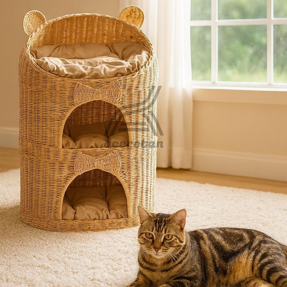 READYY Rumah Kucing Dan Anjing Rotan Menara Tingkat 3 Dan Gratis 3 Kasur