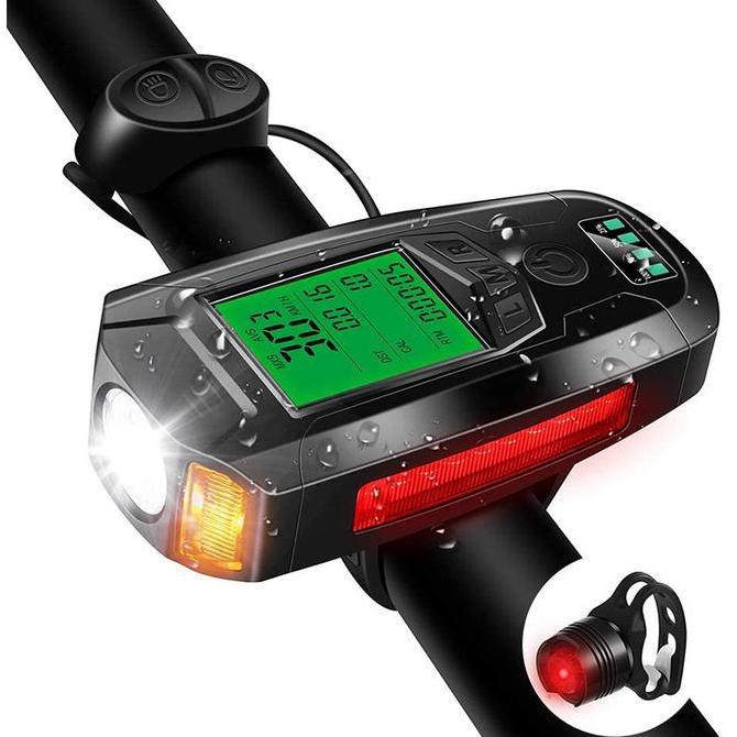 Promo 4 in 1 Lampu Sepeda LED Klakson Bel Speedometer Bike Recharge Anti Air Diskon