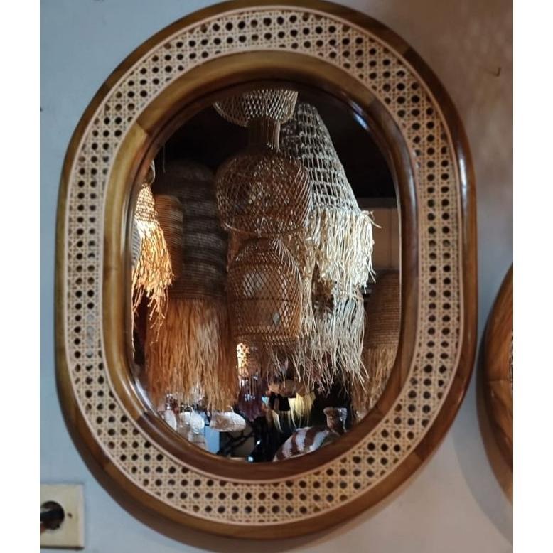 NEWW mirror gantung,kaca cermin gantung dinding estetic kombinasi rotan finishing natural  jati