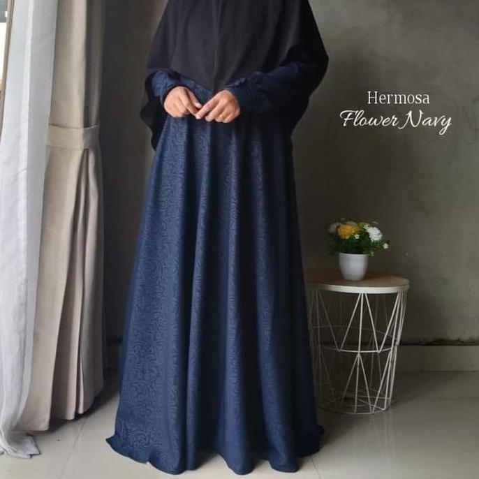 Sekarangaja- [Gamis Hermosa Embos] Gamis Embos Hermosa Motif Flower Warna Navy-Gamis Syari Navy Embo