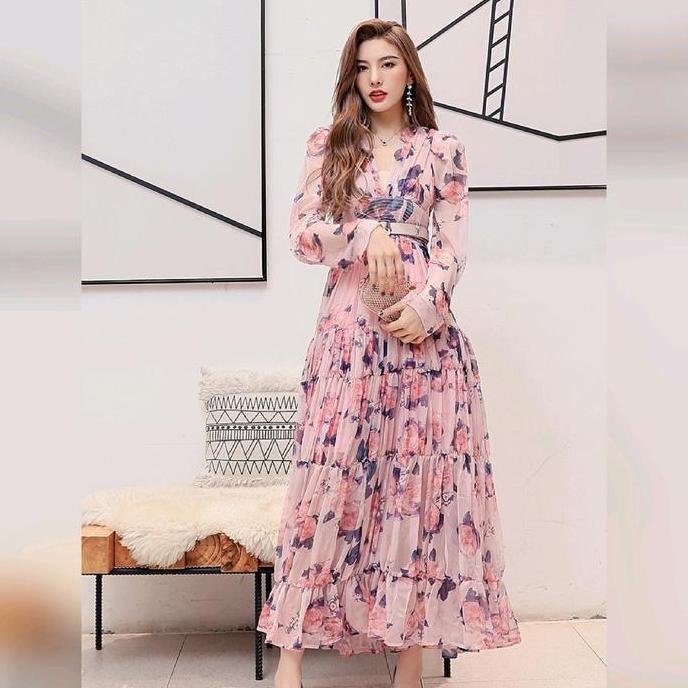 DV175 - JC Saffron Tiered Maxi Fit Size M-L Fashion Gaun Wanita Dres Maxi Lengan Panjang V-neck Baha