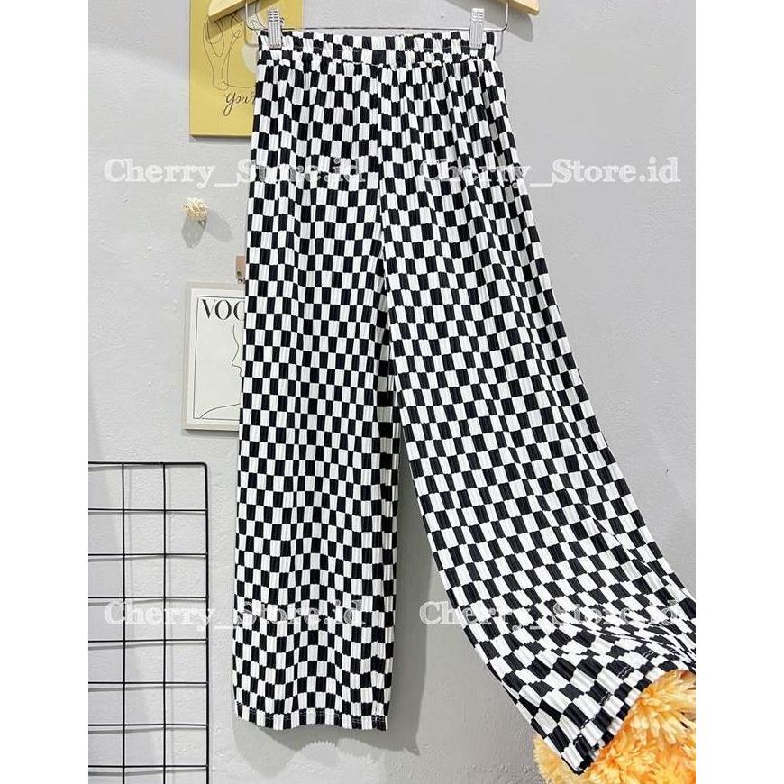 DR348 >> celana kulot kotak bkk premium | celana plisket wanita korean style Karet Motif Panjang rok