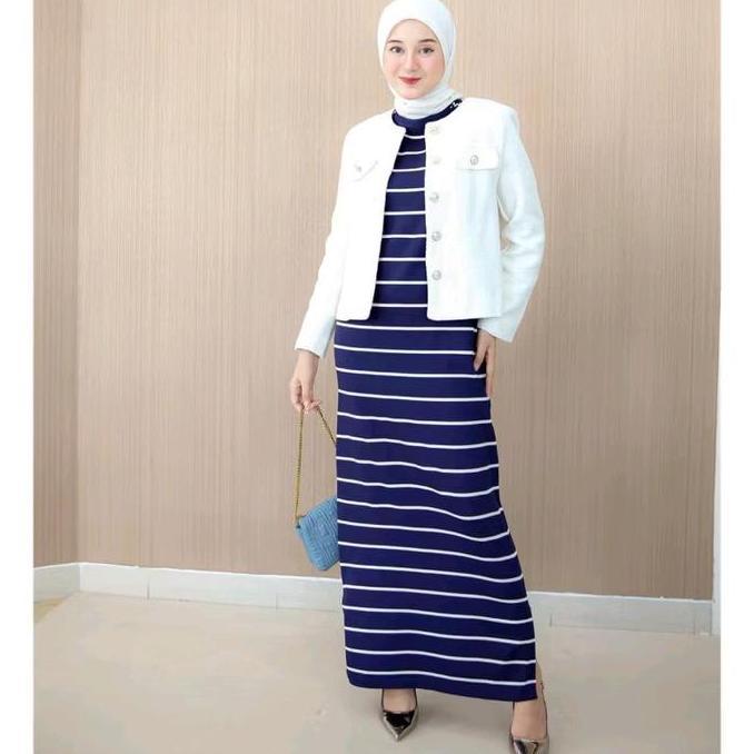DR338 >> Inner Stripe Dress Span Wanita Tanpa Lengan Bahan Rajut Salur Motip Simple Size M,L,XL Gami
