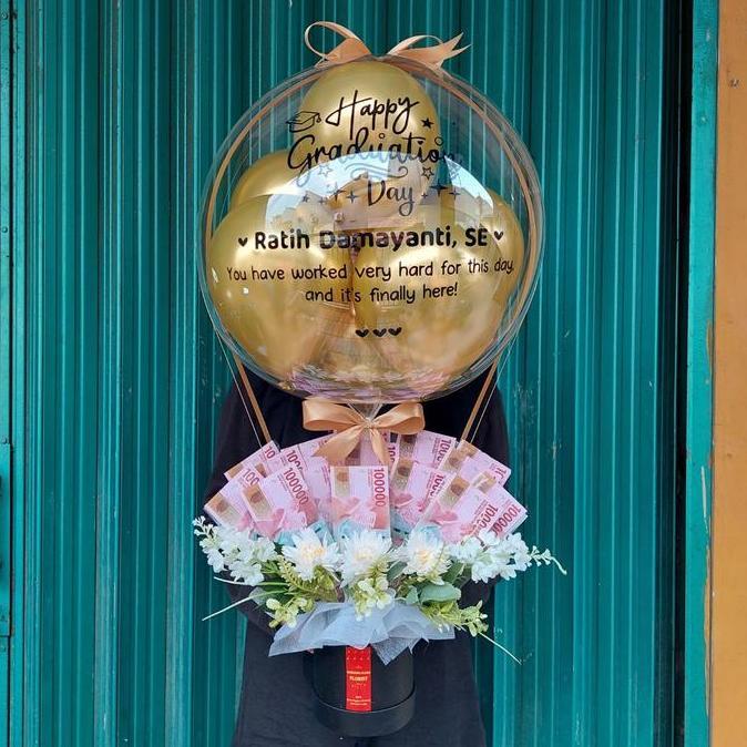 Balon Bouquet Buket Bucket Uang + Bunga (Isi Uang Sendiri) - MG HS