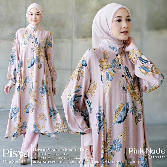 Pisya Setelan Wanita Muslim Rayon Viscose Mix Airflow Motif Etnik Batik Kombinasi Polos One Set Baju