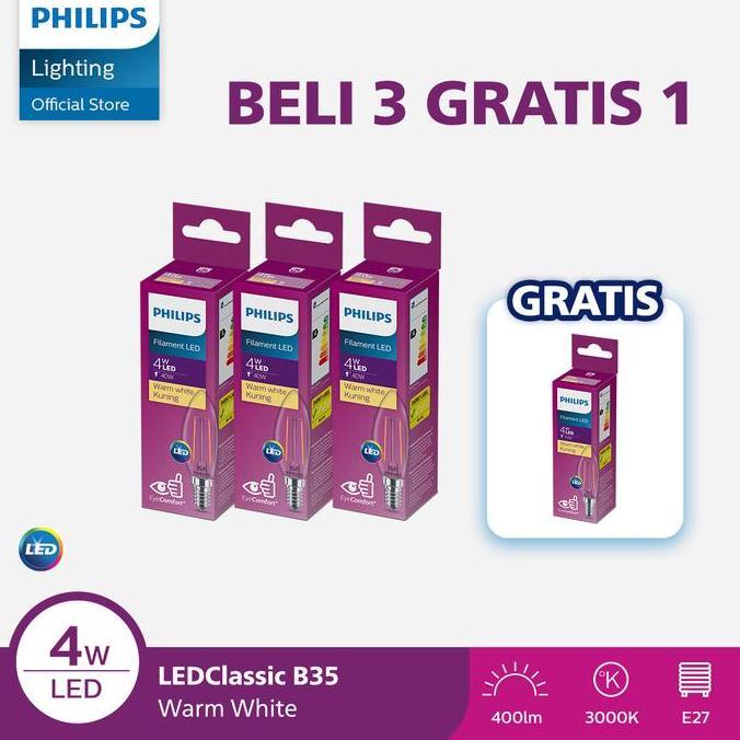 Paket Lampu Philips Beli 3 Dapat 4  Lampu Philips Filament Bohlam LED 4W B35 E14 Kuning