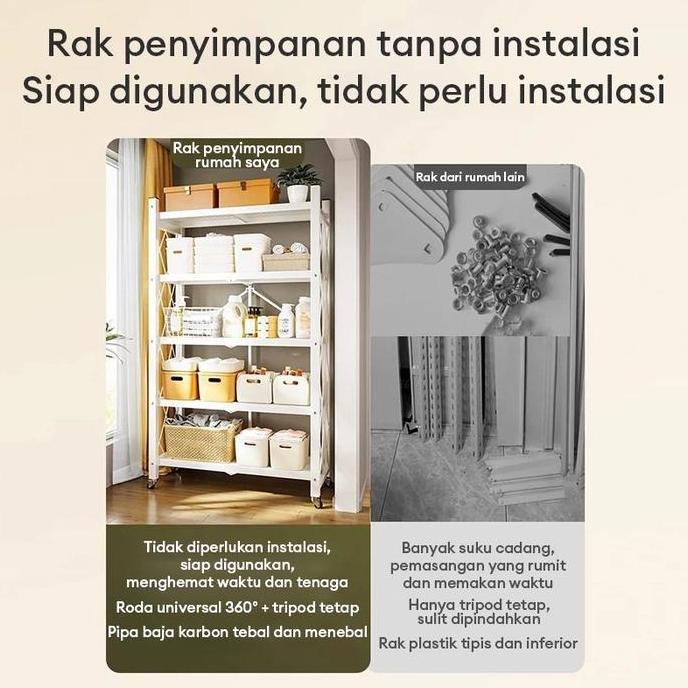 Rak Lipat Besi / Rak Besi 5 Susun / Rak Lipat Portable / Rak Dapur Lipat / Rak Lipat Roda Penyimpana