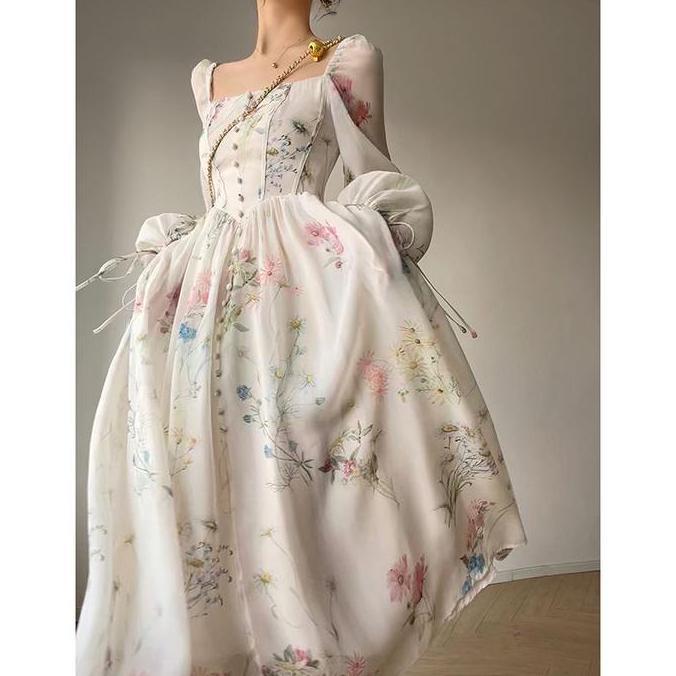 Gown Chachu Dress Organza Midi Vintage Bodycon Putih Fairy Gaun Elegan Wanita Casual Pesta Baju Kond