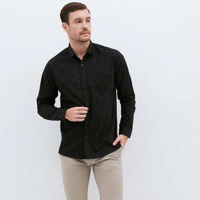 M231 Kemeja Pria Basic Polos Panjang Hitam 1468D