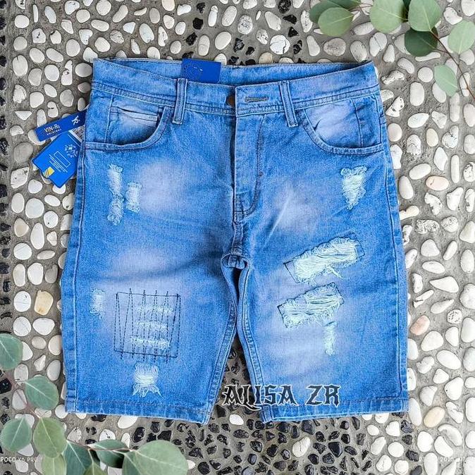 Grade Ori Celana Pendek Pria Jeans Sobek Denim Distro Biru Hitam