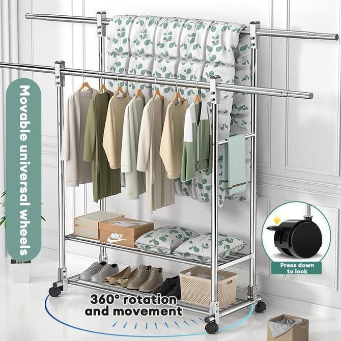 CARADA Rak Gantungan Baju Berdiri Stainless Steel Tebal Jemuran Baju Stainless Jemuran Baju Dobel Po
