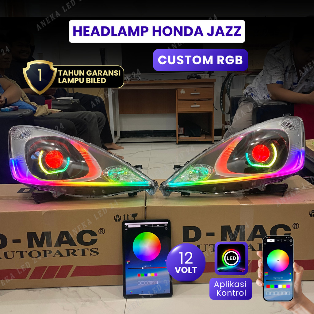 HEADLAMP HONDA JAZZ GE8 2008 AKHIR - 2011 AWAL CUSTOM BILED 3 INCH 12V FULL RGB SEPASANG LAMPU DEPAN