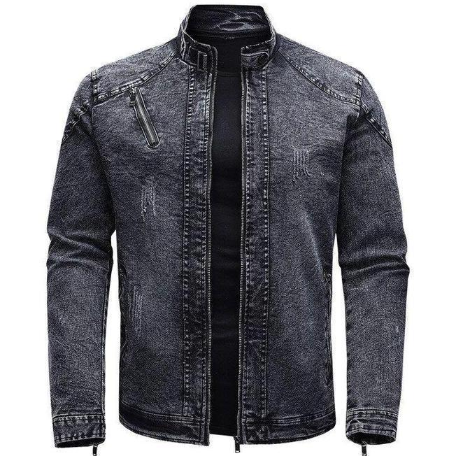 Jaket Jeans Jaket Denim Pria Krah Tinggi Resleting Biker Hitam Atasan Pria Distro Keren Kasual