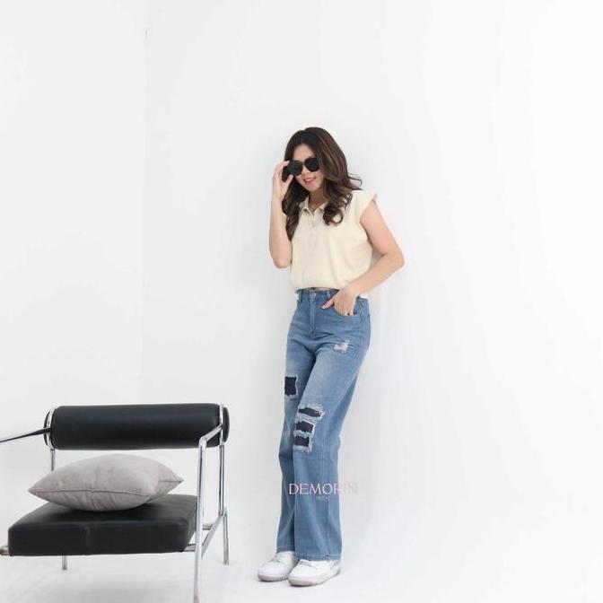 DS166 - X16 | Celana Panjang Jeans Wanita Straight Cut High Waist Cewek Bahan Denim Model Ripped Loo