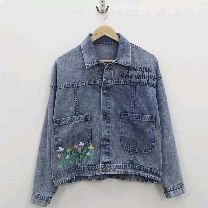 DY42 - Jaket Jeans Oversize Bordir Bunga Jaket Jeans Wanita Jaket Wanita Oversize Bermotif Bunga