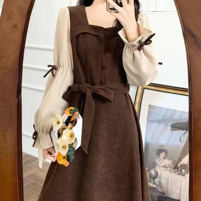 DY23 >> DRESS GAMIS  NILON LENGAN PANJANG PITA  KOREA STYLE COKLAT RETRO VINTAGE