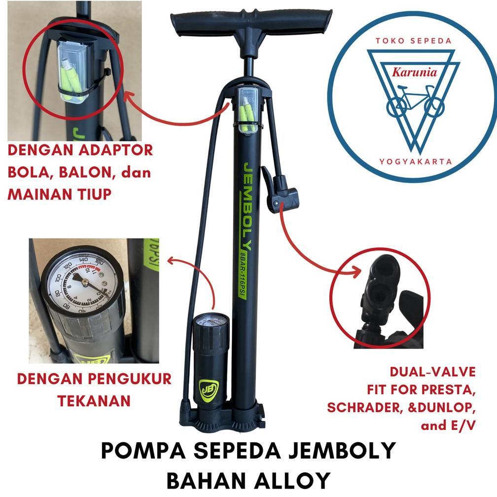 Pompa Sepeda Jemboly Alloy / Allumunium Dengan Indikator Tekanan Angin Ban Pompa Lantai Pompa Angin 