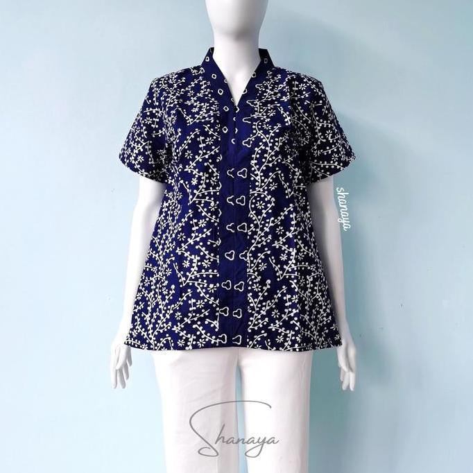 Shanaya baju batik wanita Blus sakura navy model kekinian baju kerja wanita lengan pendek elegan mod