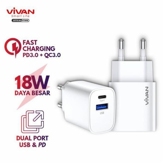 TERBARU - Vivan Charger 18 W Dual Port - Charger Vivan Power Turbo 18 QC 3.0+PD