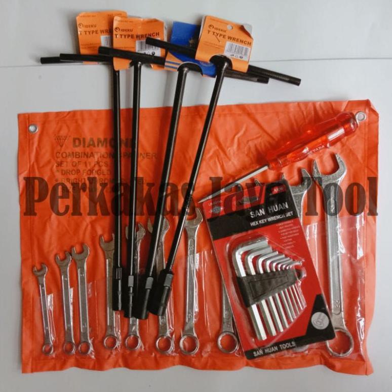 Paket Kunci Ring Pas Set + 4 pcs Kunci T + Kunci L + Obeng Ketok Bolak Balik 4 inch DISKON