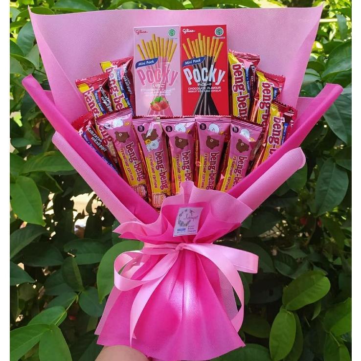 (S) Buket Snack pink pocky /paket/bingkisan Snack Ulang Tahun/Ultah/ Wisuda/Kado/Hadiah