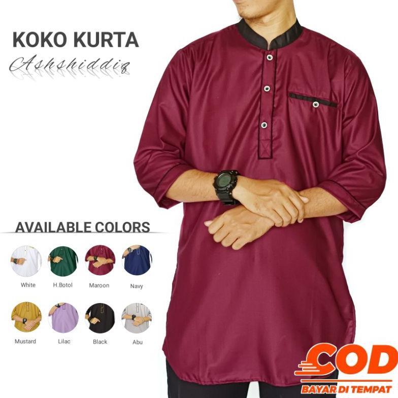 Bergaransi Koko Kurta Ashshiddiq - Baju Koko Kurta Pria Dewasa Lengan 3/4 Warna Mustard Putih Hijau 