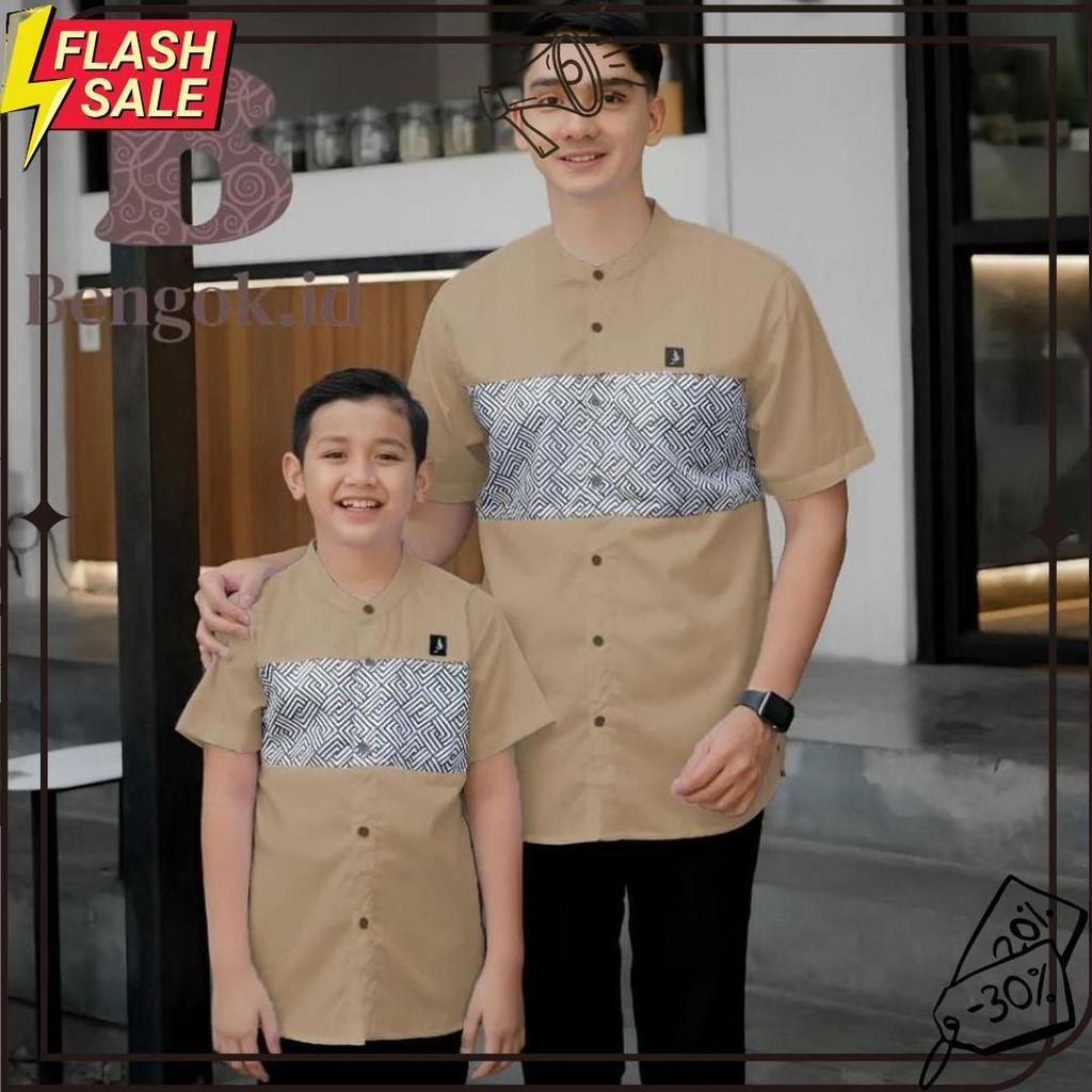 Baju Koko Lengan Pendek Couple Motif Kombinasi Batik Warna Hitam  Couple Ayah Dan Anak Premium Warna