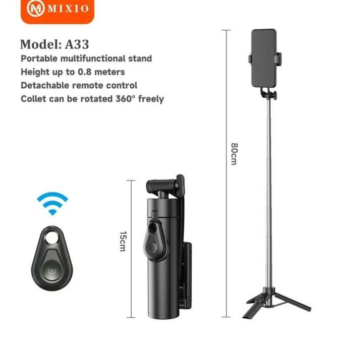 MIXIO A33 80CM Tongsis Bluetooth Selfie Stick Tripod Super Mini