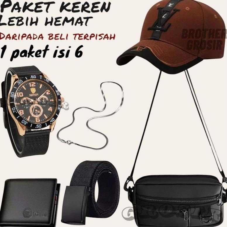 BIG PROMO (Promo Paket Istimewa Pria Keren Combo Star Pria Terbaru ) 6 In 1/Jam Tangan Pria Keren Be