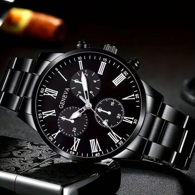 TERBARU 4PCS Jam Tangan Kuarsa Pria Bisnis Skala Romawi Dial Bulat Tali Jam Tangan Stainless Steel K