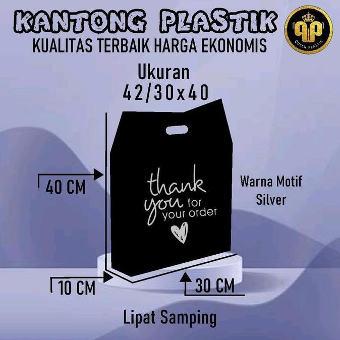 Yoiyouu- Kantong Plastik Pe Hitam Uk 42/30X40 Motif Thank You Lipatan Samping | Kantong Plastik Sepa