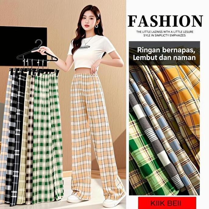 Kirimlangsung- Fashion Oreo Celana Kulot Tartan High Waist Wanita - Bahan Katun Linen Sejuk & Nyaman