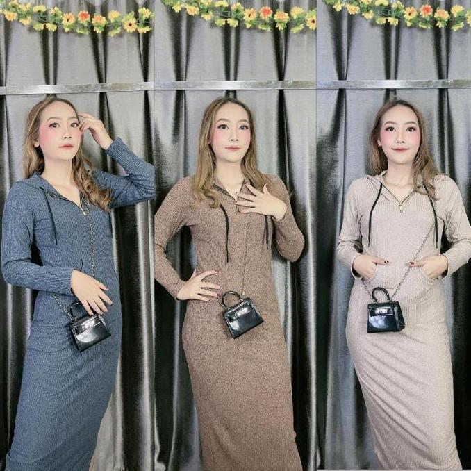 Hoodie dress ziper Hoodie resleting busui/Hijab frendly  Bahan Knit premium Polos Hitam Nyaman Ibu C