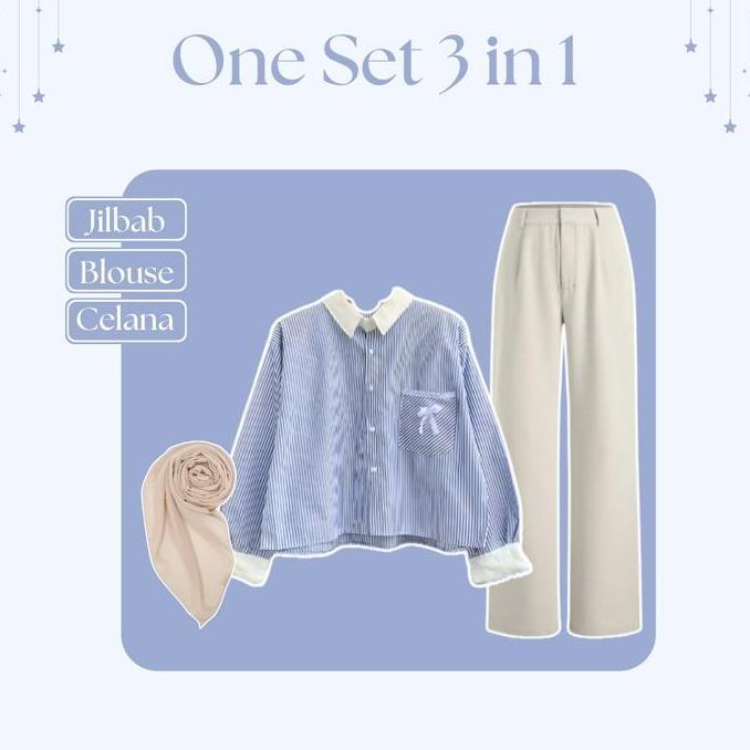 One Set Setelan Wanita Soft Blue (Blouse Salur Denim - Celana Kulot Panjang - Jilbab) Ootd Hijab Cas
