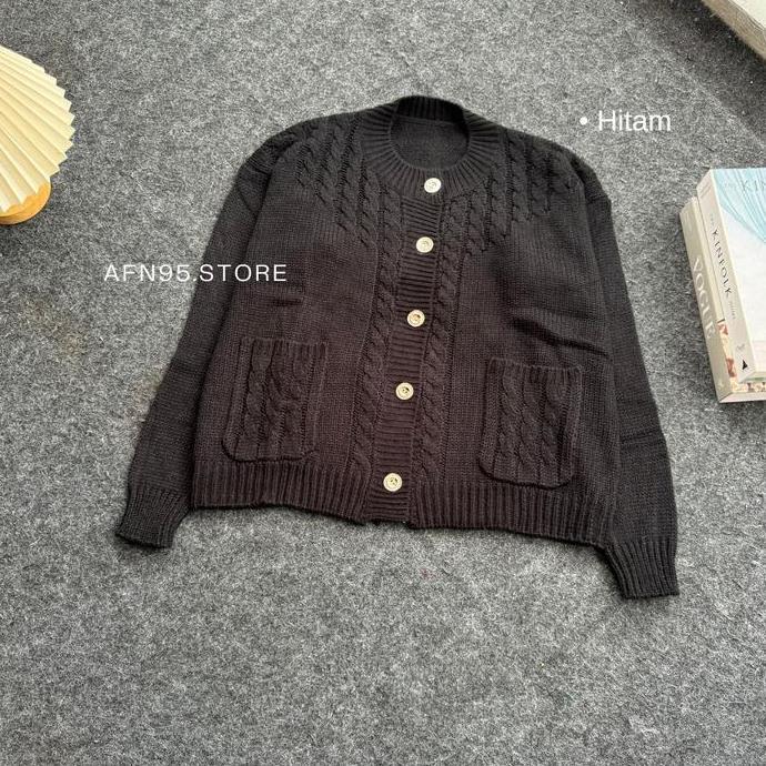 DI114 - Cardigan Rajut Motif Cable Teressa dengan Saku dan Lengan Balon - Atasan, Nyaman, Knitwear, 
