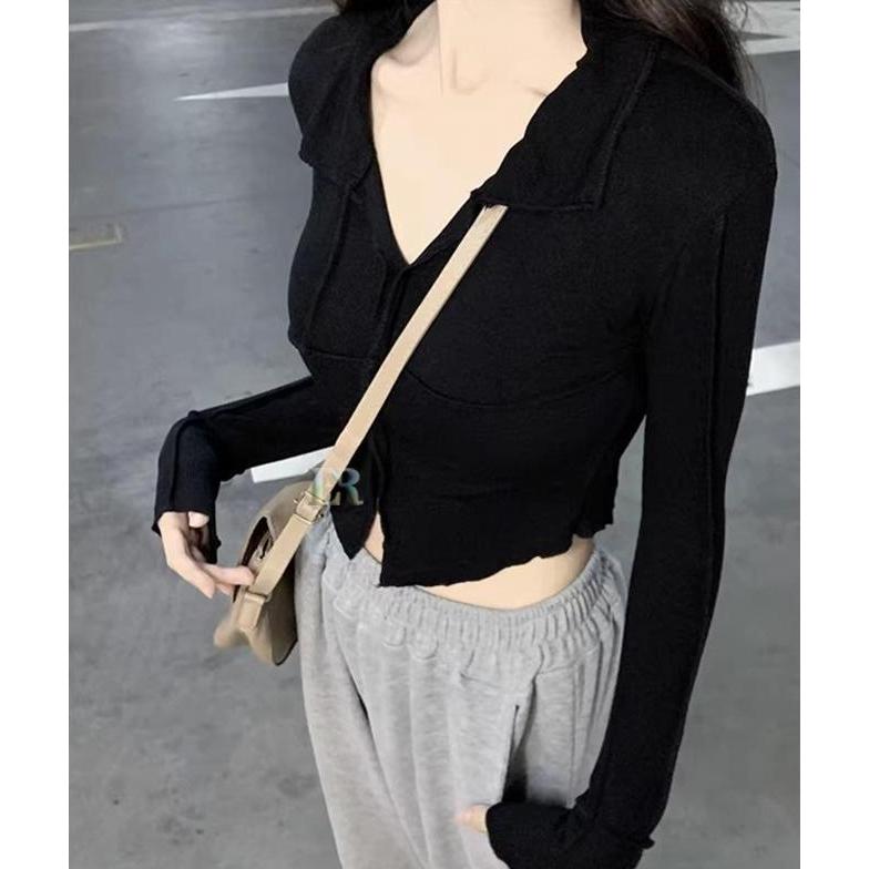 Ready LNR Shop Crop Top Lengan Panjang Dengan Kerah Leher V Blouse Cardigan Atasan Kaus Kaos Seksi T