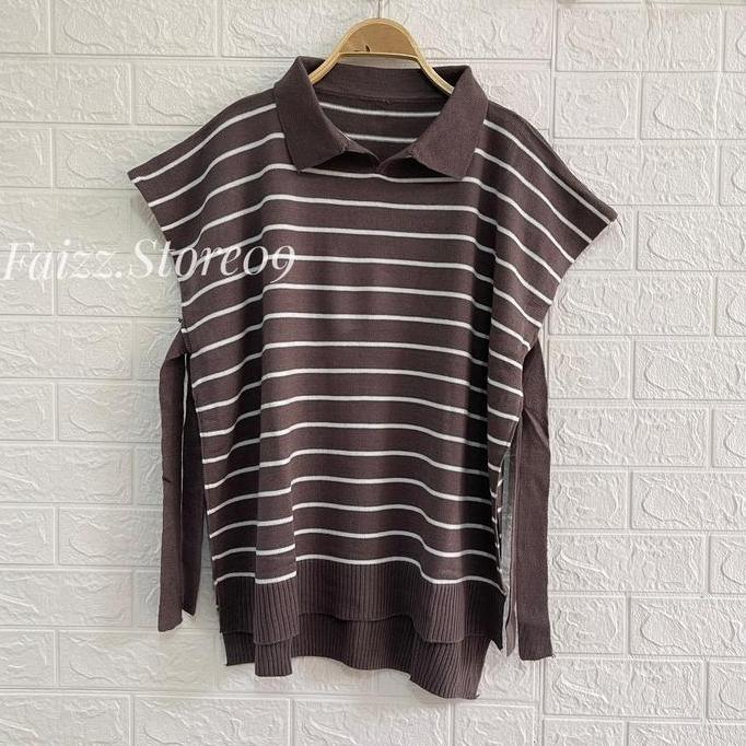 DR347 - VEST KERAH TALI SAMPING MOTIF GARIS LIODRA Wanita Panjang Atasan Rompi