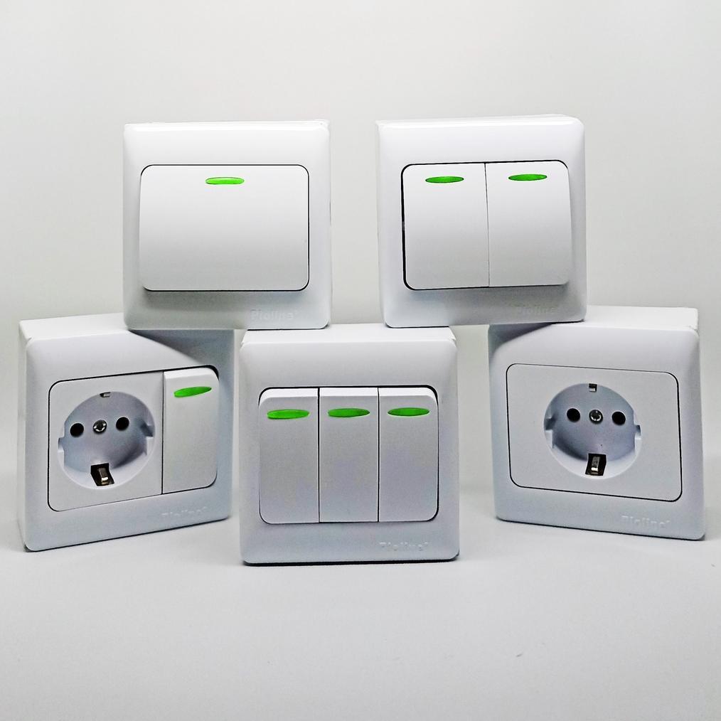 saklar pioline dengan indikator radium ib/ob inbow/outbow tanam/tempel dengan inbow dus kotak putih