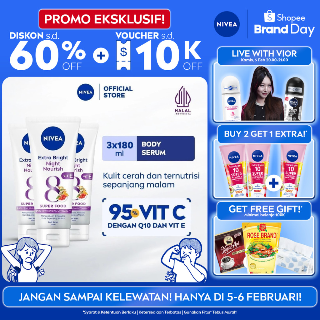 (PAKET HEMAT ISI 3) NIVEA Body Serum Extra Bright Night Nourish Vit E 180ml - Hand body serum moistu