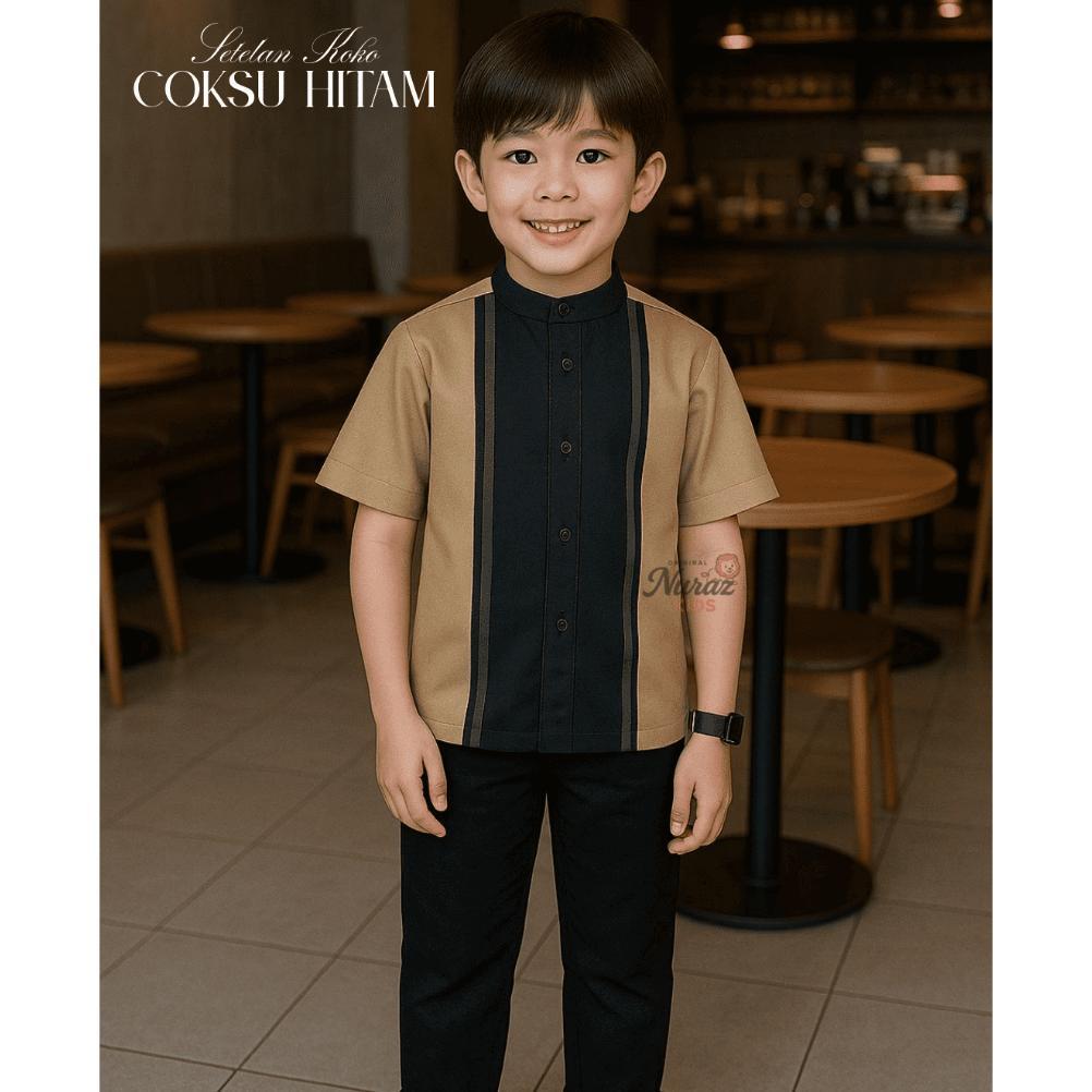 Murah  Setelan Koko Polos Anak Laki-Laki Nuraz Kids | Celana Panjang Hitam/Putih | Usia 18Th