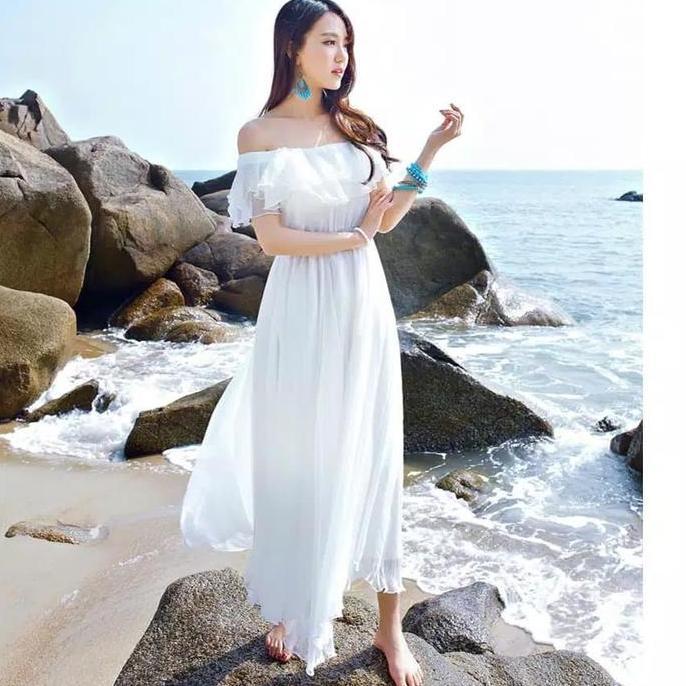 Ftx- White Chiffon Sabrina Midi Dress Woman Premium / Fairy Dress / Korean Summer Dress / Beachwear 