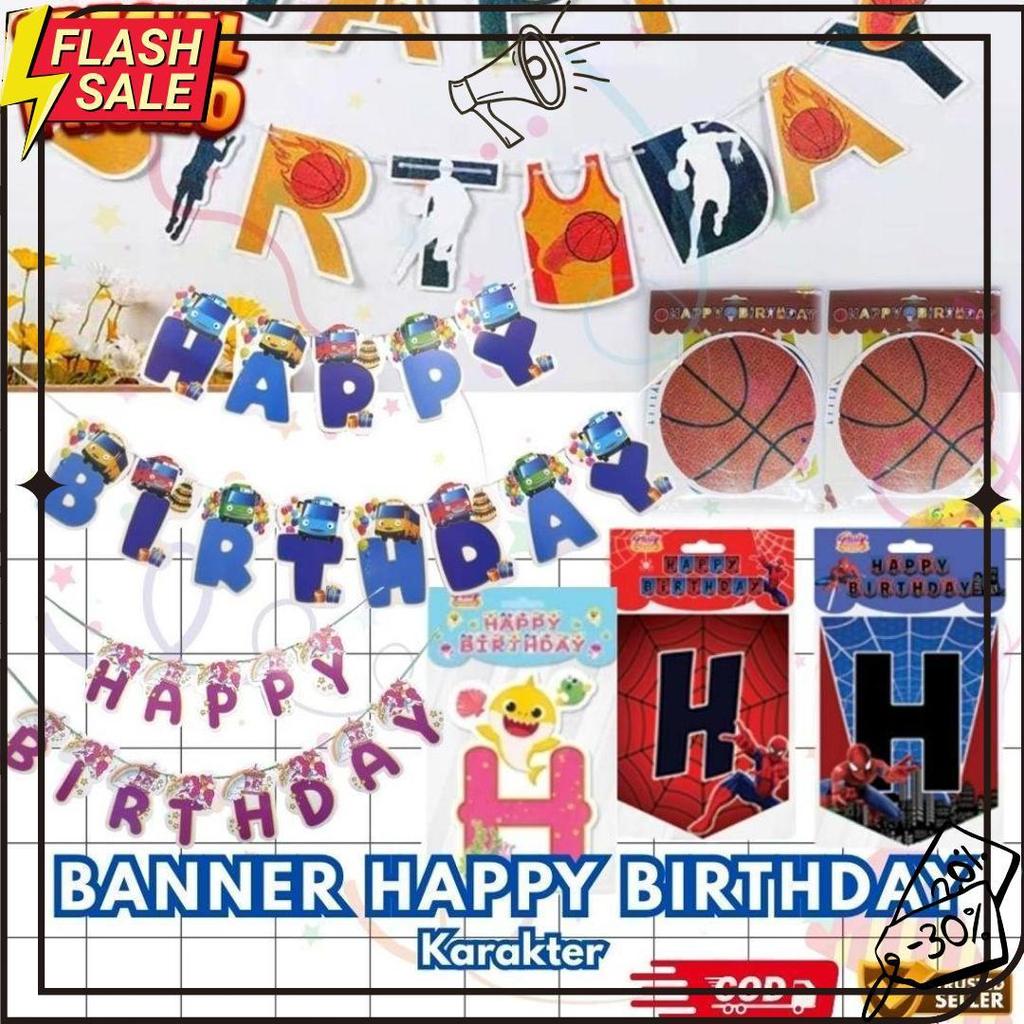 Banner Happy Birthday Karakter Anak | Dekorasi Ultah Cowok & Cewek Panjang 2 Meter Termurah
