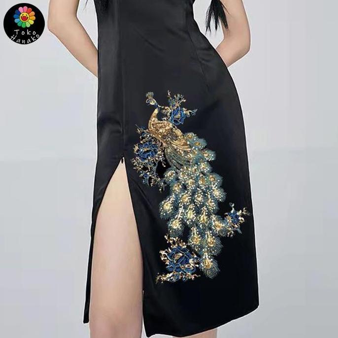 VINTOP Bordir Burung Merak Full Payet 47cm Bordir Dada Payet Bordir Merak Tempel Payet Bordir Tempel