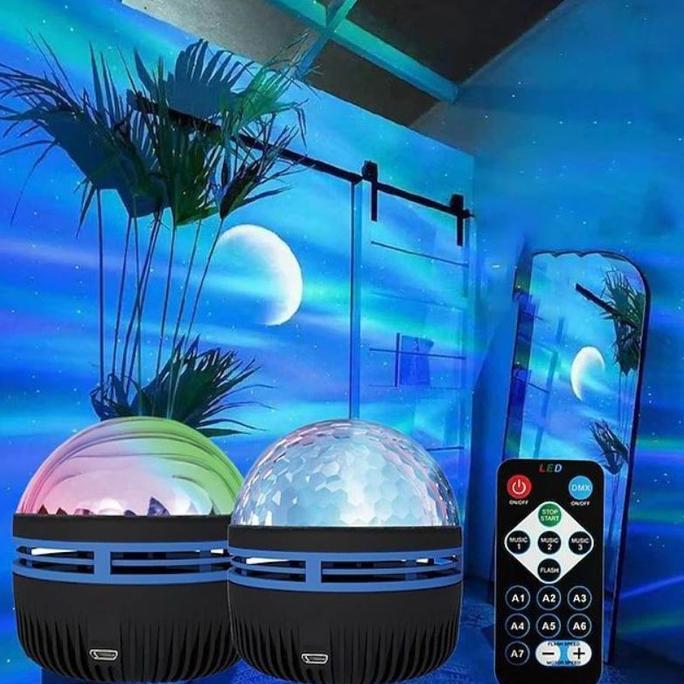 WOFLES Lampu LED proyektor Aurora Disco + Remote Kamar Tidur LED Hias Malam RGB Hitam Usb Plastik