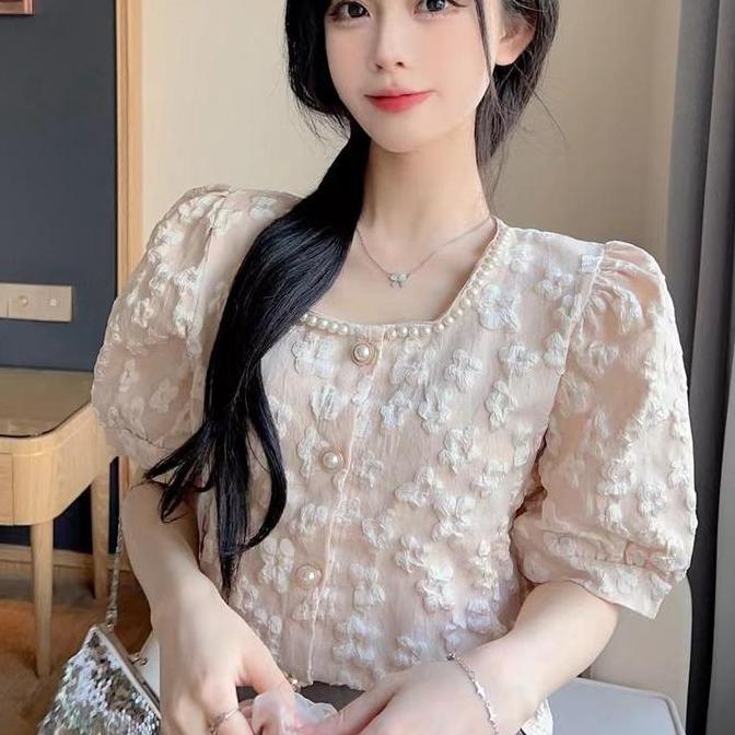 Kemeja Modis Motif Bunga Blus Wanita Lengan Pendek blouse HM