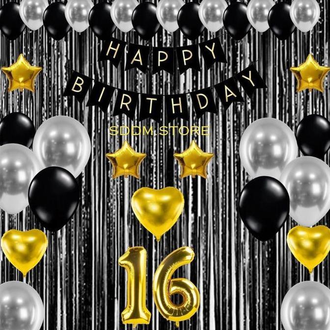 Disiniaja- Paket Set Dekorasi Acara Pesta Ulang Tahun Anak Warna Hitam Banner Tirai Gratis Balon Ang