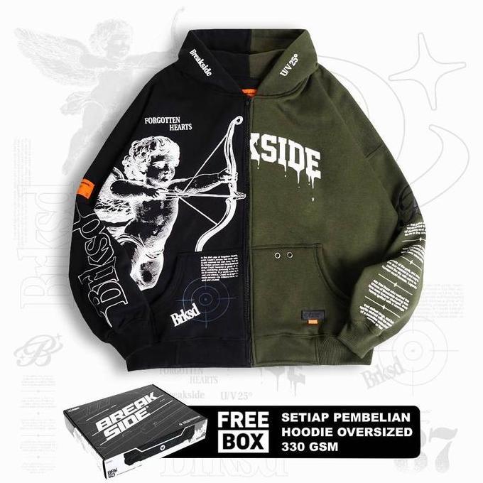 [FREE BOX] Breakside Zipper Hoodie Oversized Forgotten Hearts - Black & Green Sweater Pria