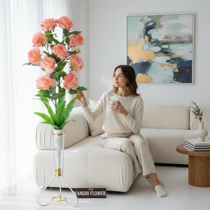 Lansungkirim- Bunga Sudut Mawar Jumbo 10 Kuntum Dengan Pot Standing Besi Bunga Artificial