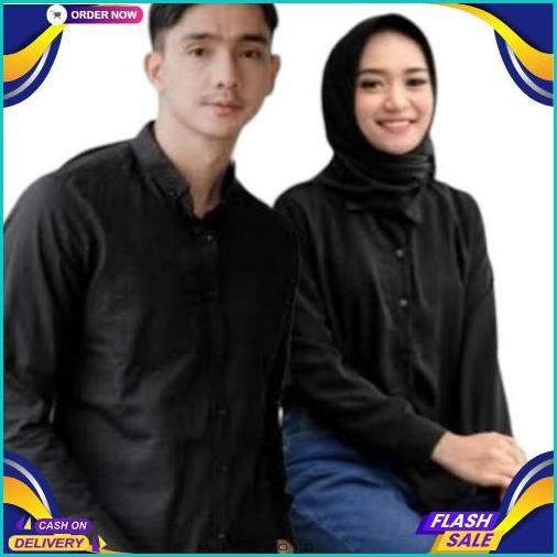 Kemeja Couple Polos Baju Pasangan Wanita Pria Lengan Panjang hitam Diskon Imlek
